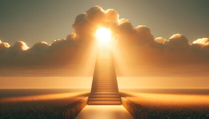The concept of opportunity comes at all times, a staircase leads up through the clouds to a radiant sun