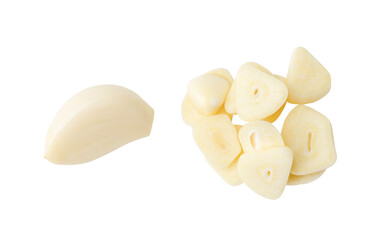 Top view set of peeled garlic cloves and slices or pieces in stack isolated on white background...