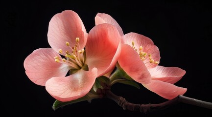 Fototapeta na wymiar Peach Colored flowering quince, Isolated against a deep black background. Chaenomelis superba