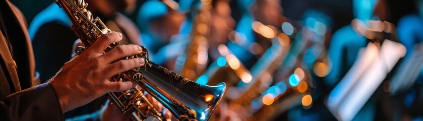 A musician playing the saxophone in a jazz band. - obrazy, fototapety, plakaty