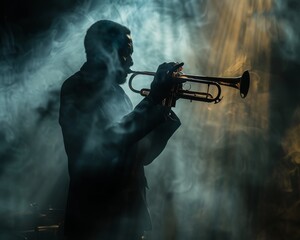 Obraz premium A musician playing the trumpet with a spotlight in the background