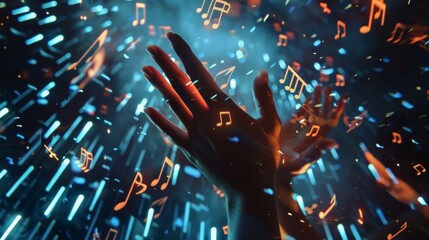 Blue and orange glowing musical notes surround a person's hands. - obrazy, fototapety, plakaty