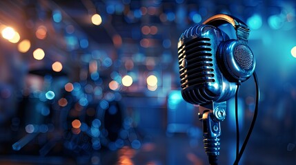 Blue and silver retro microphone with headphones on stand against blurred blue background with bokeh lights.