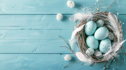 Blue and white Easter eggs in a nest on a blue wooden background.