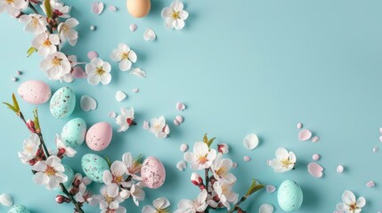 Blue background with pink and blue Easter eggs and white and pink flowers.
