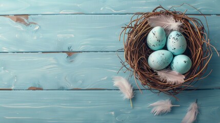 Blue Easter eggs in a nest on a blue wooden background.
