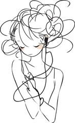 Single-line artwork of a young woman with elaborate hairstyle using smartphone, Concept of modern lifestyle and connectivity