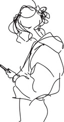 Minimalist single-line drawing of a person in a hoodie using a mobile phone, Concept of youth and digital communication