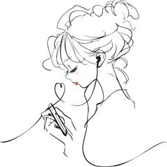 Elegant single-line drawing of a woman with headphones and smartphone, Concept of music and technology in modern femininity
