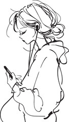 Stylized single-line illustration of a young woman using a smartphone, Concept of digital age and connectivity