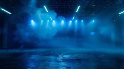 Blue spotlights illuminate an empty stage covered with fog. - obrazy, fototapety, plakaty