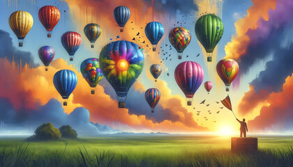 Obraz premium The concept of opportunity comes at all times, a series of colorful hot air balloons taking off into a vibrant sunrise sky, each balloon symbolizing a unique opportunity and adventure.