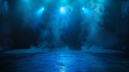 Blue spotlights illuminate an empty stage with fog on the floor.