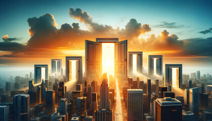 The concept of opportunity comes at all times, a cityscape where each building is shaped like an open door, bathed in the golden light of dawn.