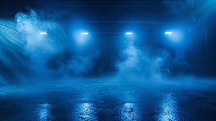 Blue spotlights illuminate an empty stage with smoke drifting across the foreground.