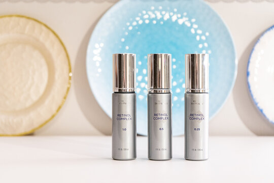 Surrey, B.C. Canada - 04.16.24 - SkinMedica cosmeceutical skin care encapsulated retinol (a retinoid) in .25, .5 and 1 per cent strengths, for anti-aging, skin tone  and acne skin care treatments.