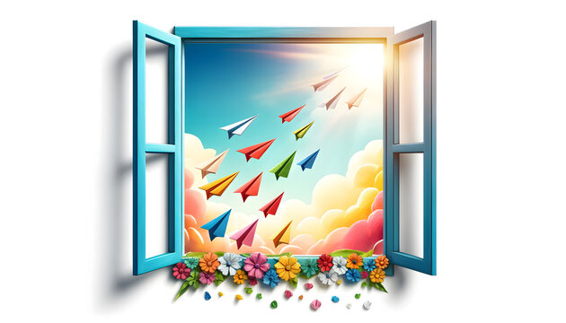 The concept of opportunity comes at all times, colorful paper airplanes flying out of an open window into a sunny, watercolor-style sky.