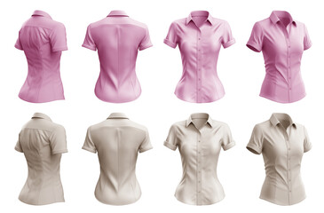 2 Set of woman pastel light pink beige button up short sleeve collar slim fitting shirt front, back side view on transparent background cutout, PNG file. Mockup template for artwork graphic design


