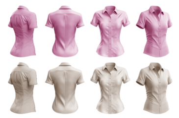 2 Set of woman pastel light pink beige button up short sleeve collar slim fitting shirt front, back side view on transparent background cutout, PNG file. Mockup template for artwork graphic design