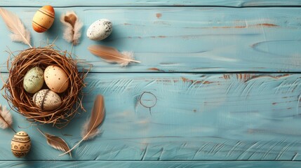 Blue wooden background with Easter eggs in a nest and feathers