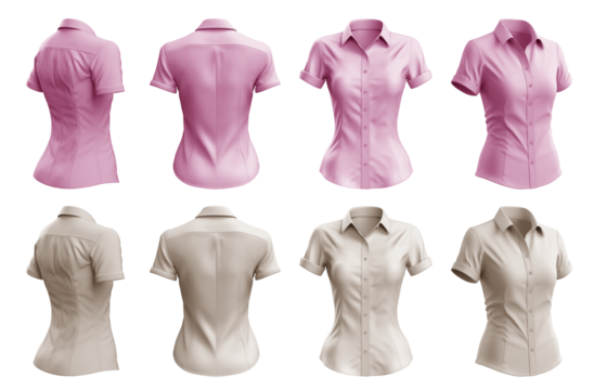 2 Set of woman pastel light pink beige button up short sleeve collar slim fitting shirt front, back side view on transparent background cutout, PNG file. Mockup template for artwork graphic design
- Powered by Adobe