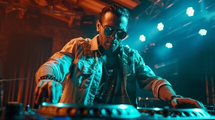 Obraz na płótnie Canvas Cool DJ mixing electronic dance music at a nightclub