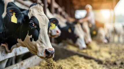 Cows eating hay in a barn - obrazy, fototapety, plakaty