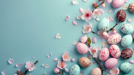 Fototapeta na wymiar Easter background with colorful eggs and spring flowers.