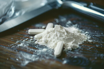 Pile of pills on a wooden table, drug making