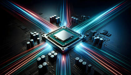 A CPU on a motherboard, elegantly highlighted with radiant neon light trails in a minimalist setting. The design emphasizes the sleekness and power of modern technology.