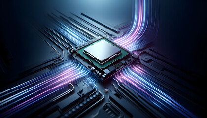 A CPU on a motherboard, elegantly highlighted with radiant neon light trails in a minimalist setting. The design emphasizes the sleekness and power of modern technology. - obrazy, fototapety, plakaty