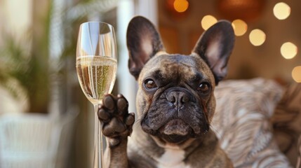 Frenchie holding a glass of champagne with his paw