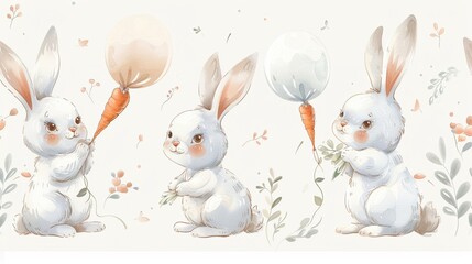 Obraz premium Set of charming wallpapers with white rabbits holding carrots and balloons, rendered in soft pastels and handdrawn style