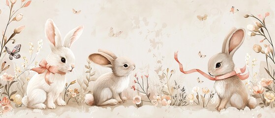 Pastel wallpaper series featuring sweet white rabbits with ribbons and butterflies, in various playful poses, handdrawn for a soft look