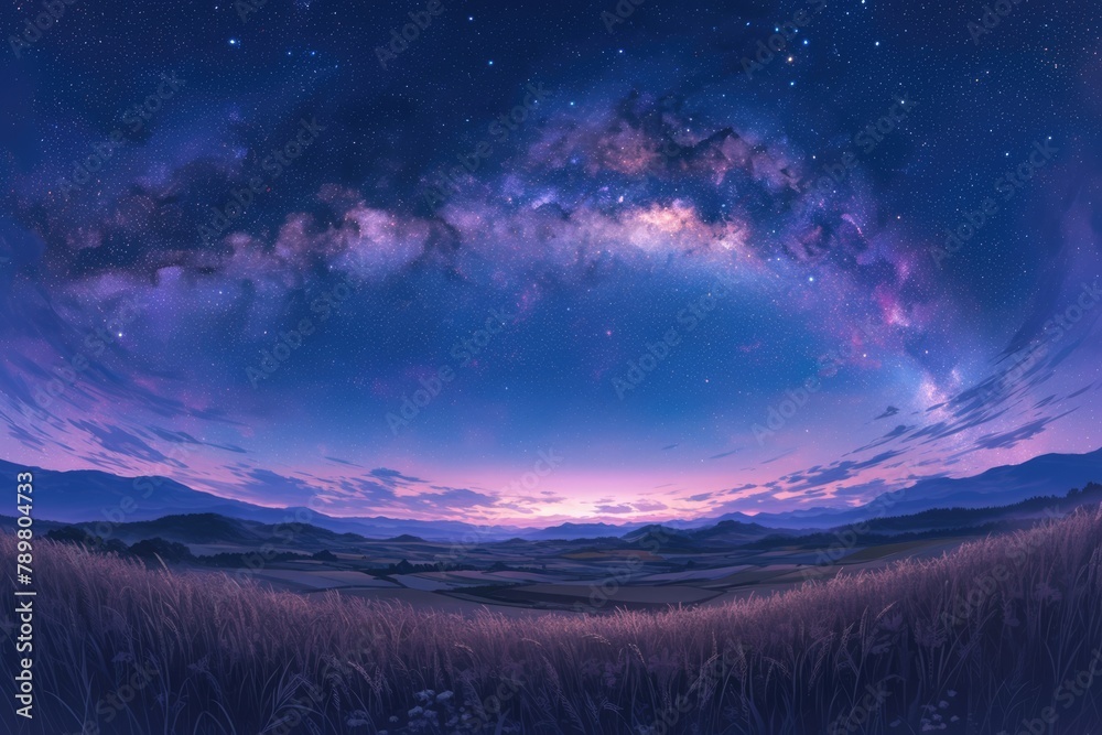 Wall mural mountains in the background and an arching galaxy across the sky.