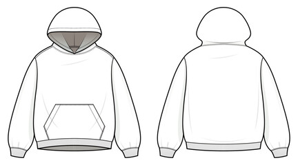 Hoodie technical fashion illustration. Hoodie vector template illustration. front and back view. oversized. drop shoulder. unisex. white color. CAD mockup.