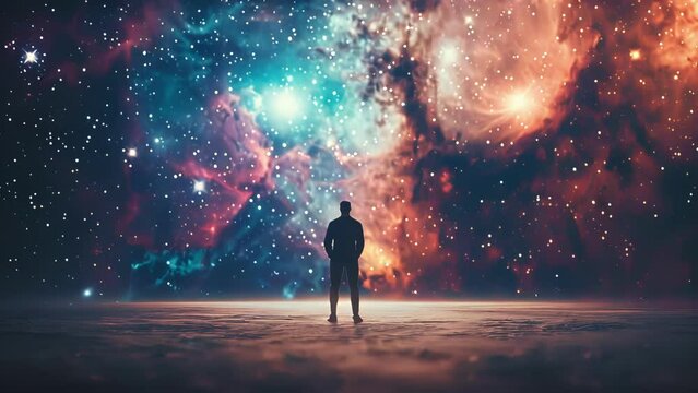 In a vast expanse of stars and galaxies a solitary figure faces away from the camera gazing into a mysterious time portal. . .