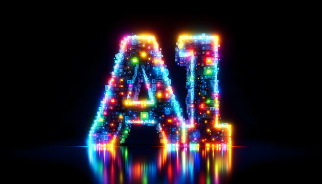 The letters 'AI' illuminated in a futuristic style, made of glowing digital blocks with a dynamic neon light display in rainbow colors.