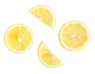 Top view set of yellow lemon half with slices isolated with clipping path in png file format