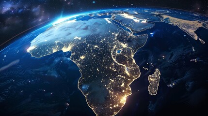 Night view of Africa from space showing city lights.