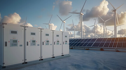 An energy farm with solar panels and wind turbines, capturing the essence of sustainable energy solutions.