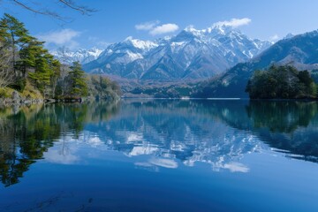 A tranquil lake reflecting the snow-capped peaks of the Japanese Alps, offering a serene escape from the hustle and bustle of city life.