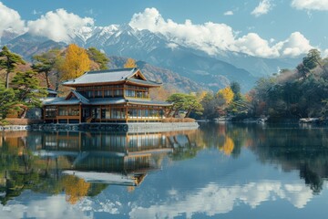 Fototapeta premium A tranquil lake reflecting the snow-capped peaks of the Japanese Alps, offering a serene escape from the hustle and bustle of city life.