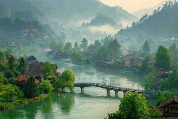 A tranquil river winding through lush green valleys, with traditional wooden bridges connecting quaint villages along its banks.