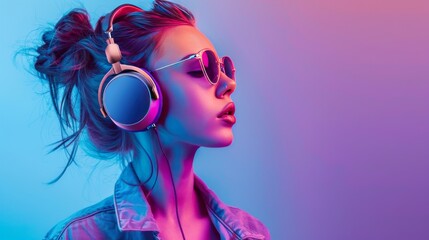 portrait of a beautiful woman listening to music with headphones