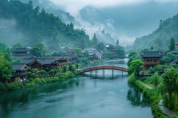 A tranquil river winding through lush green valleys, with traditional wooden bridges connecting quaint villages along its banks.
