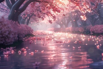 Cherry blossom petals gently falling onto a serene river, creating a picturesque scene of natural beauty and ephemeral moments.