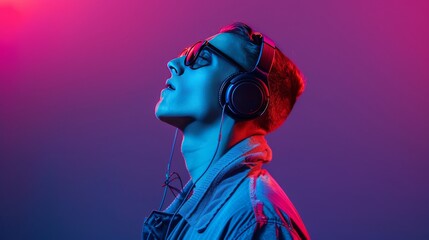 Portrait of a stylish young man with closed eyes listening to music in headphones.