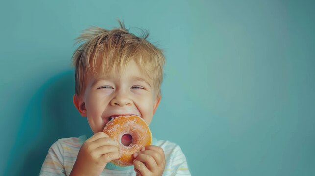 Portrait of a cute blond boy eating a donut on a blue background