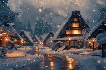 The enchanting beauty of Shirakawa-go's thatched-roof houses in winter, blanketed in snow and illuminated by soft lantern light. - obrazy, fototapety, plakaty